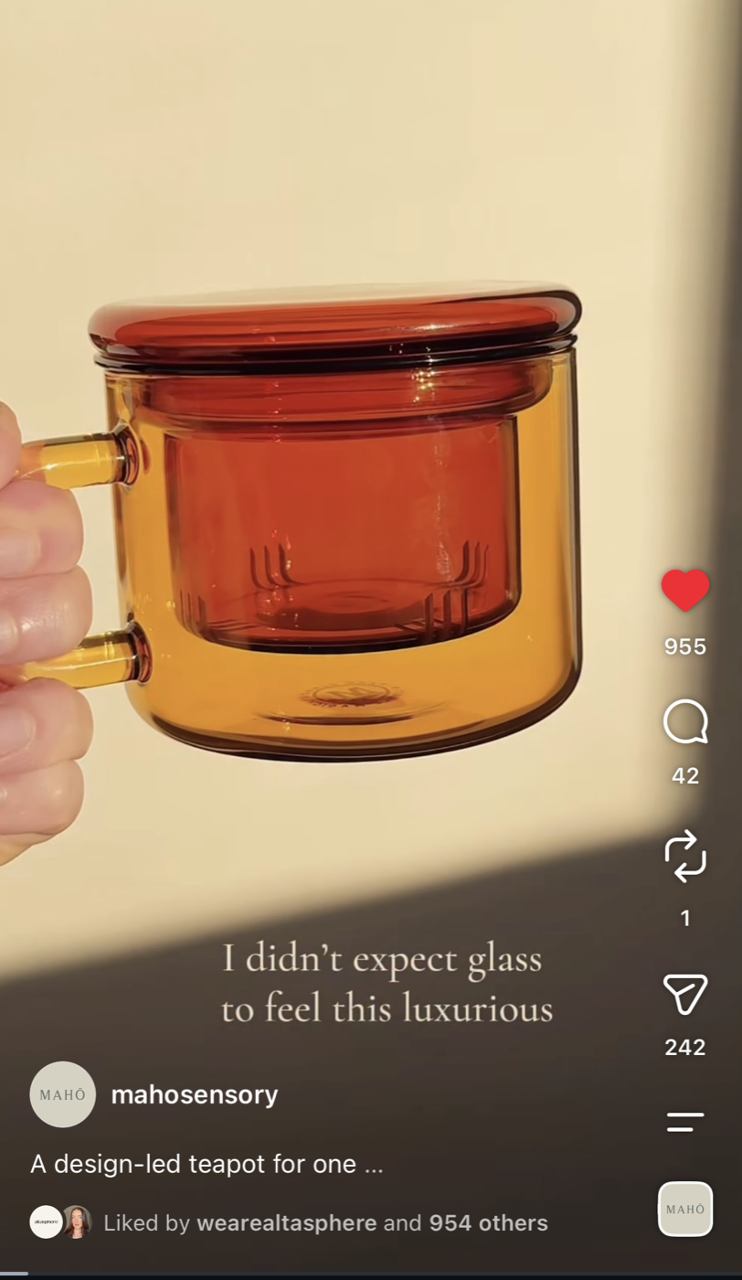 Maho Sensory Instagram Reel featuring the Chá for One teapot with its engagement figures